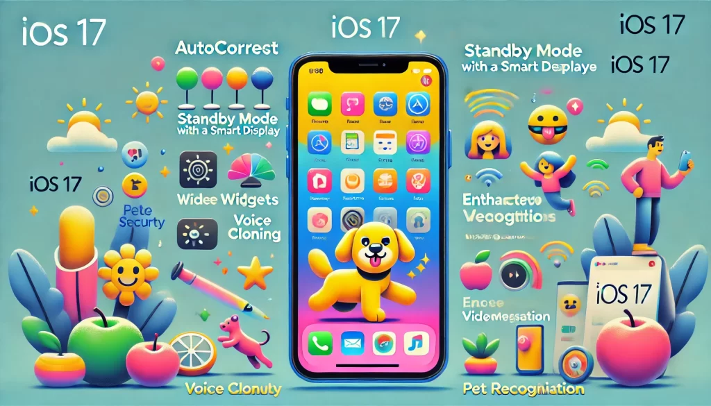 A cartoon image of an iPhone showcasing iOS 17's top new features, including vibrant icons for autocorrect, standby mode with smart display, interactive widgets, and enhanced calls with FaceTime video messaging. Surrounding the phone are colorful cartoon elements representing privacy, security, voice cloning, and pet recognition, with playful pet and food icons floating in the background. The overall style is light-hearted and tech-focused, highlighting the fun and innovative aspects of iOS 17.