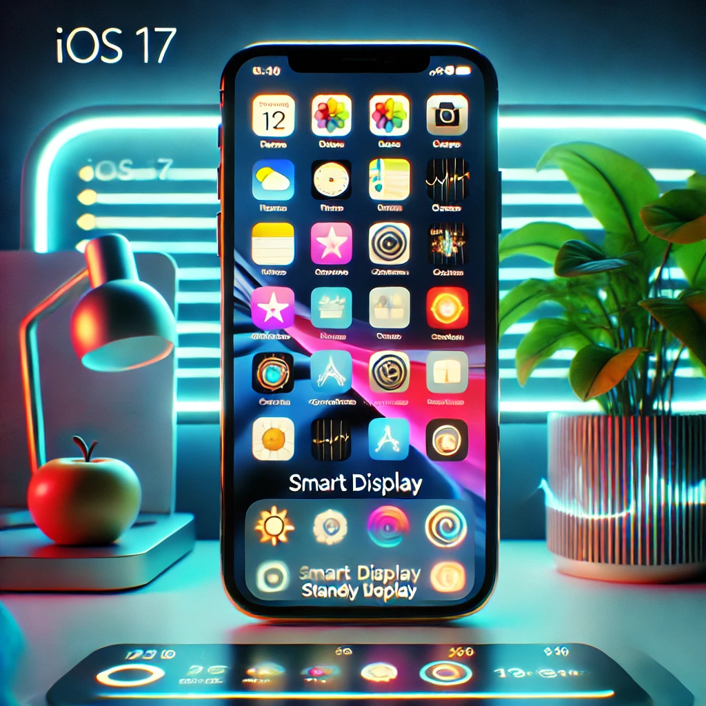 An iPhone displaying the new iOS 17 interface in landscape mode, featuring interactive widgets, customizable contact cards, and a smart display standby mode. The iPhone is placed on a nightstand alongside a digital clock and a plant, highlighting the bedside smart display feature of iOS 17. Futuristic elements such as sleek lines and glowing digital icons surround the phone, symbolizing innovation.